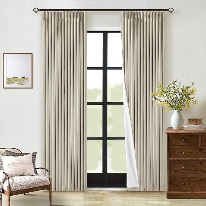 Oatmeal Beige Pinch Pleated 100% Black Out Linen Curtains 84 Inch Length | Room - Image 9