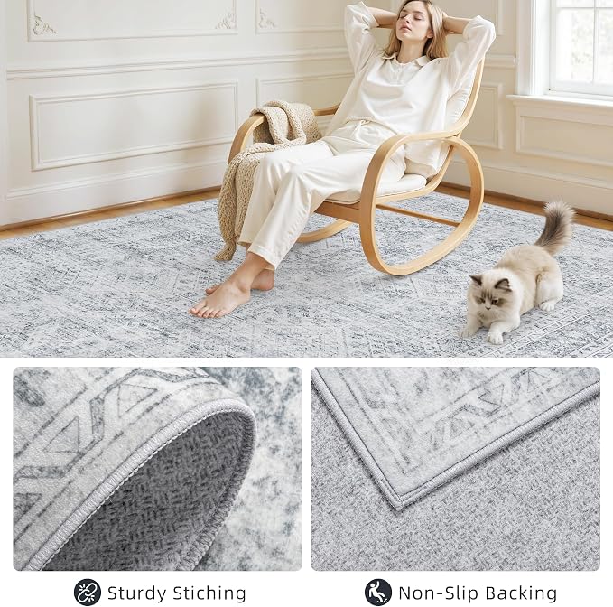 6x9 Area Rugs Living Room: Bedroom Neutral Washable Carpet Gray | Vintage Boho - Image 4