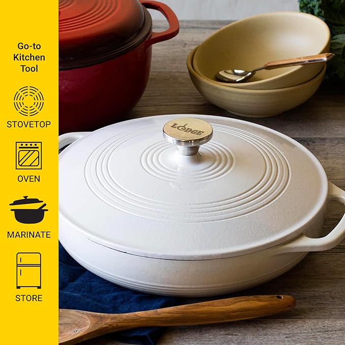 Lodge 3.6 Quart Enameled Cast Iron Oval Casserole With Lid– Dual Handles – Oven Safe up to 500° F or on Stovetop - Use to Marinate, Cook, Bake, Refrigerate and Serve – Oyster White