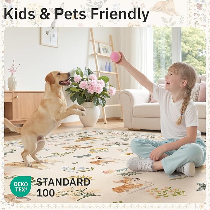 Soalmost Dog 9x12 Area Rugs for Living Room, Washable Animal Soft Rug Beige | - Image 5