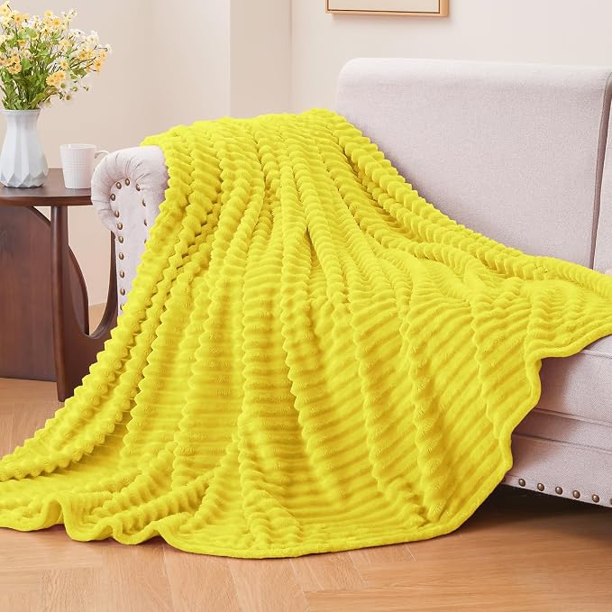 BEDELITE Ribbed Jacquard Yellow Fleece Throw Blanket - Image 2