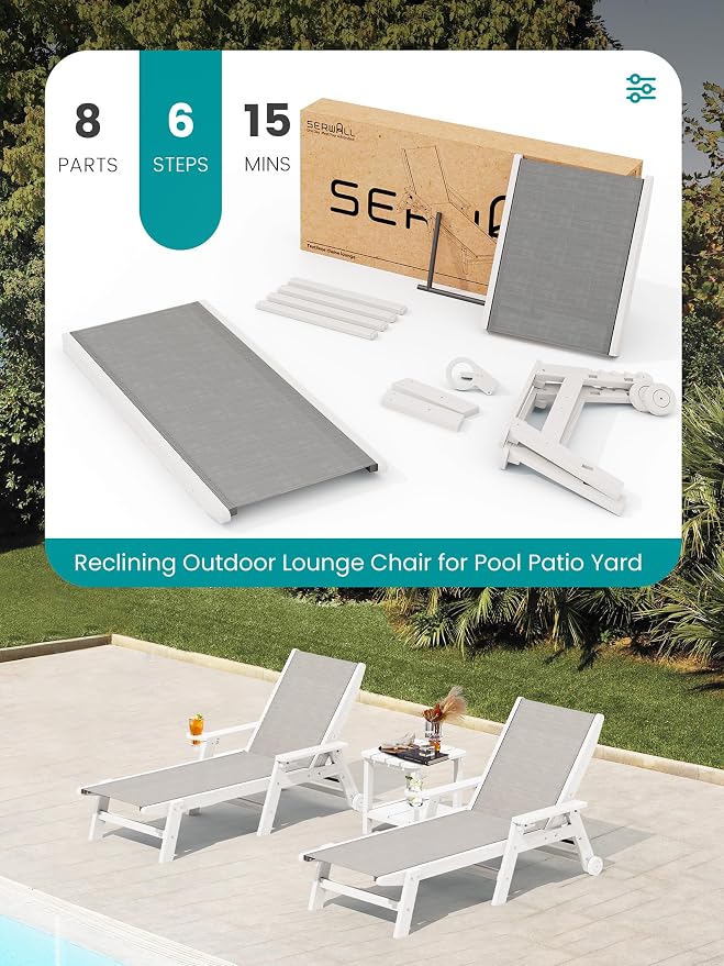 SERWALL Textilene Patio Chaise Lounge Chair, 5 Positions Adjustable Outdoor - Image 8