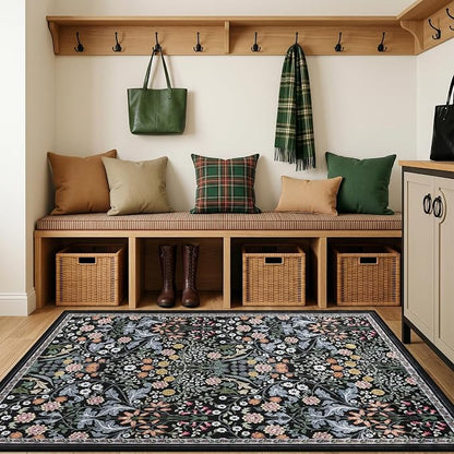 PLHXFR Area Rug Living Room: 3x5 Floral Washable Boho Carpet Dark Black | - Image 5