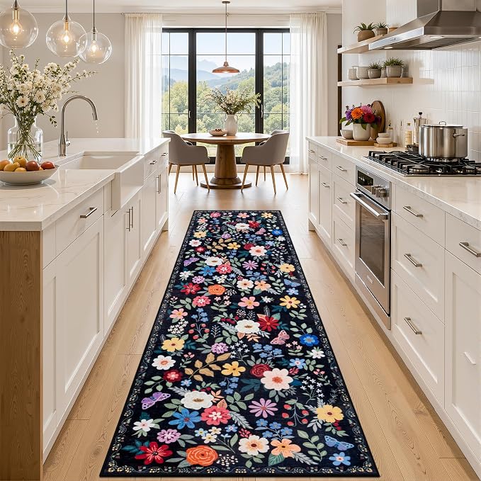 PLHXFR 3x10 Washable Runner Rug：Floral Indoor Kitchen Soft Carpet Black | by PLHXFRSoftAreaRugs