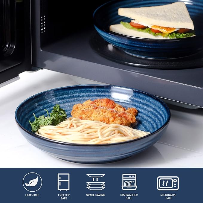 HASENSE Ceramic Pasta Bowls Set of 4, 32 Ounce Salad Serving Bowls for Kitchen, 8.7 inch Large Shallow Bowls for Pasta Salad Dinner Soup, Microwave Dishwasher Safe, Blue