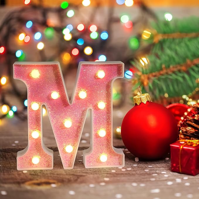 Foaky Pink Light up Letters，Pink Party Decorations,Girls Room Decor,Glitter Light Up Letters,Alphabet Letter Sign for Night Light Birthday Party Girls Gifts, Home Bar Decoration（V）
