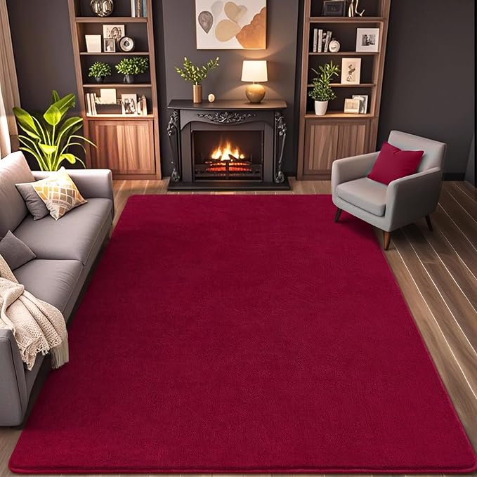 5x7 Area Rugs for Living Room Non Slip Dorm Bedroom Rug, Wine Red | Modern Area - Image 2