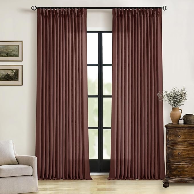 Country Brown Red Linen Pinch Pleated Semi Sheer Curtains 102 Inches Long | by Twodrapes