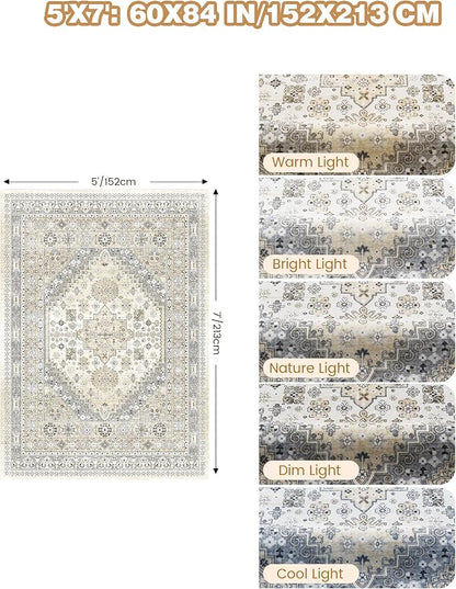 Area Rugs 5x7 Washable Rugs for Living Room, Ultra-Thin Soft Floral Vintage - Image 2