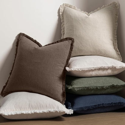 MIULEE Boho Linen Fringe Decorative Fall Pillow Covers Reddish Brown 18x18 | - Image 5