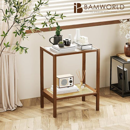 Bamworld Rattan Side Table Living Room Glasstop Night Stand Boho End Table - Image 3