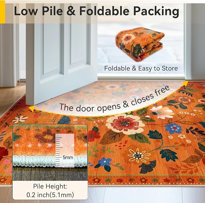 RELEANY Floral Washable 3x5 Area Rugs BurntOrange | Flower Carpet Print Boho - Image 3
