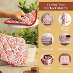 Maison d' Hermine 100% Cotton Oven Mitt & Pot Holder Set (7.5"x13" & 8"x8") Heat Resistant BBQ Cooking Gloves with Loop, Baking, Grilling, Kitchen, Handling Hot Pans (Orient)