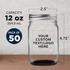 DISCOUNT PROMOS 50 Decorating Mason Jars Set, 12 oz. - Customizable Text, Logo - Canning, Aluminum Lid - Black