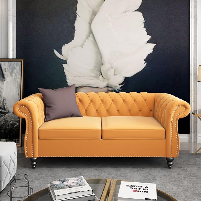 ORRD 2 Piece Living Room Set, Velvet Chesterfield Sofa Loveseat Couch - Image 5