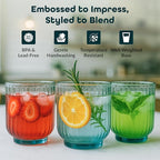 Glaver's Double Old Fashioned Rock Glasses, Set of 4 Blue Whiskey Glasses, 11 oz Art Deco U-Shape Design Embossed Everyday Home Bar Glassware. Art Deco Elegant Kitchen Drinking Glasses.