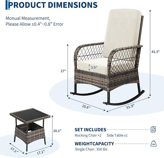 GarveeHome 3-Piece Outdoor Rocking Chair Set, Wicker Rattan Patio Furniture - Image 2