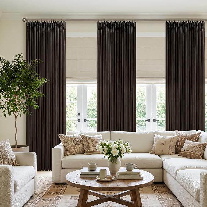 Thick Linen Pinch Pleated Light Filtering Privacy Dark Brown Curtains 50x80 | - Image 8