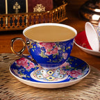 KAMMAK Tea Cups and Saucers Set of 2, Porcelain Coffee Cup with Saucer for Espresso, Cappuccino, 9.8oz Vintage Yellow Floral Ceramic Demitasse Mug for Home, Tea Party, Office