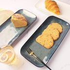 Serving Platters Set of 4, Rectangular Serving Plates, Serving Trays for Entertaining Party, Microwave,Oven,Dishwasher Safe,Kitchen Dinnerware, Blue reactive glaze 12.7 Inch