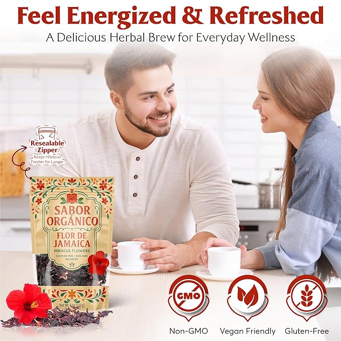 4oz Dried Hibiscus Flowers perfect for Tea and Mexican Agua de Jamaica | Flor de Jamaica Organica Natural | Flor de Jamaica Non-GMO, No Preservatives Resealable Stand-up pouches | by Sabor Orgánico