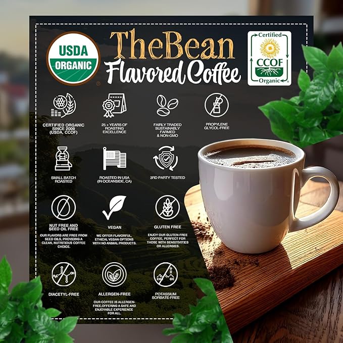 The Bean Organic Coffee Company Peppermint Mocha, Medium Roast, Ground Coffee, 16-Ounce Bags (Pack of 2), Café molido tostado orgánico