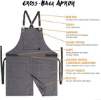 Under NY Sky Cross-Back Slate Gray Apron - Durable Denim with Leather Reinforcement and Split-Leg - Adjustable for Men and Women - Pro Chef, Tattoo, Baker, Barista, Bartender, Stylist, Server Aprons