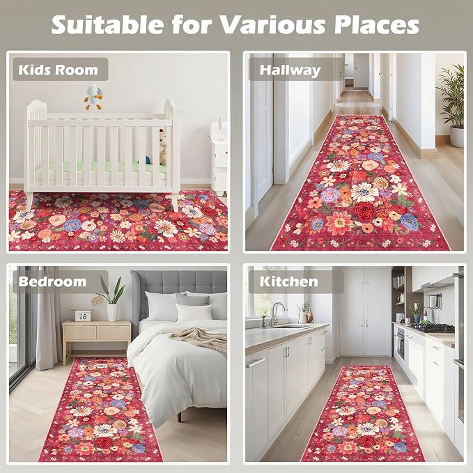 Red Floral Hallway Runner Rug 2x8 - Image 3