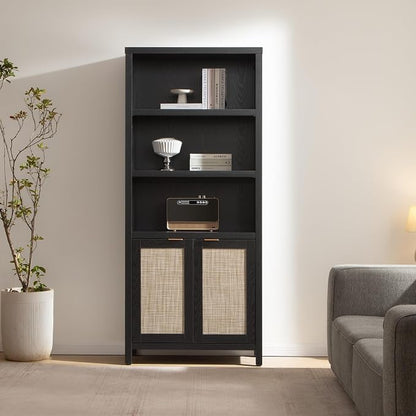 SICOTAS Bookcase 71" Tall Bookshelf 5 Tier Rattan Boho Bookcase - Image 3