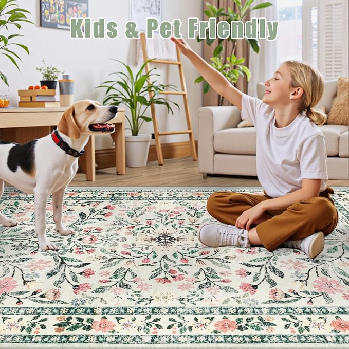 PLHXFR Area Rug Living Room: 3x5 Floral Washable Boho Carpet Green Beige | - Image 6