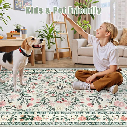 PLHXFR Area Rug Living Room: 3x5 Floral Washable Boho Carpet Green Beige | - Image 6