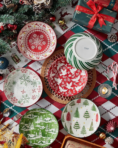 Christmas Pasta Bowl Set, 8 Inch Salad Serving Bowl, Wide and Shallow Bowl Plate for Kitchen, Dishwasher and Microwave Safe, Set of 6