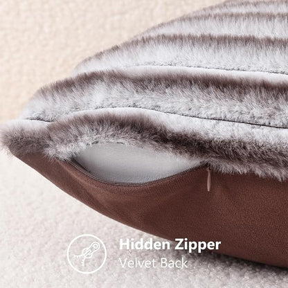 decorUhome Fall Faux Fur Throw Pillow Covers 16x16 Set of 2 Brown White | - Image 8