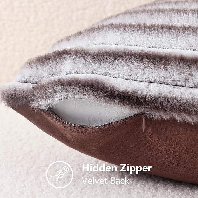 decorUhome Fall Faux Fur Throw Pillow Covers 12x20 Set of 2 Brown White | - Image 8