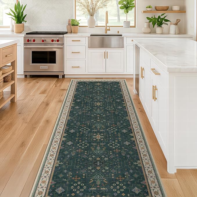 Dark Green Washable Kitchen Runner Rug, Stain Resistant Rugs by HazoHaus