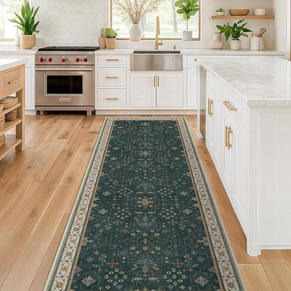 Dark Green Washable Kitchen Runner Rug, Stain Resistant Rugs by HazoHaus
