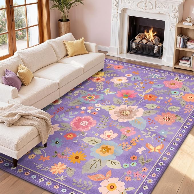 RELEANY Floral Washable 8x10 Area Rugs Purple/Pink | Flower Carpet Print Boho - Image 9