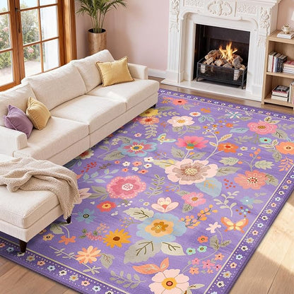 RELEANY Floral Washable 9x12 Area Rugs Purple/Pink | Flower Carpet Print Boho - Image 9