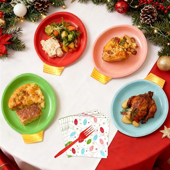 75Pcs Christmas Plates Dinnerware Set Disposable, Heavy Duty Christmas Paper Plates and Napkins with Plastic Forks Party Supplies Serve 25, Light Bulb Design Dinnerware Set for Holiday Home Xmas Party