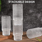 16OZ Glass Tumbler with Straw and Lid,Glass Cups with Lids and Straws,Ribbed Iced Coffee Cups Vintage Embossed Glassware for Juice Whiskey Cocktail Beer(4Pack)