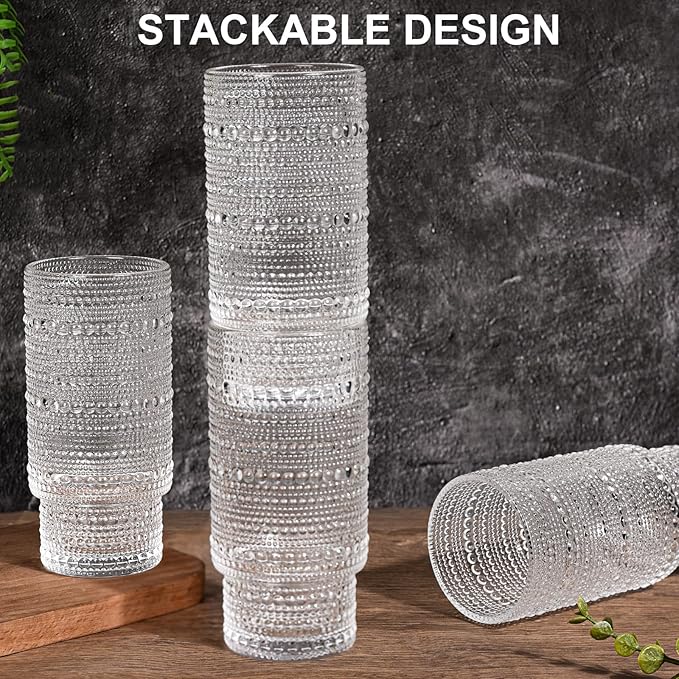 16OZ Glass Tumbler with Straw and Lid,Glass Cups with Lids and Straws,Ribbed Iced Coffee Cups Vintage Embossed Glassware for Juice Whiskey Cocktail Beer(4Pack)