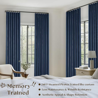 Dark Blue Linen 100% Blackout 120 Inch Curtains - Image 2