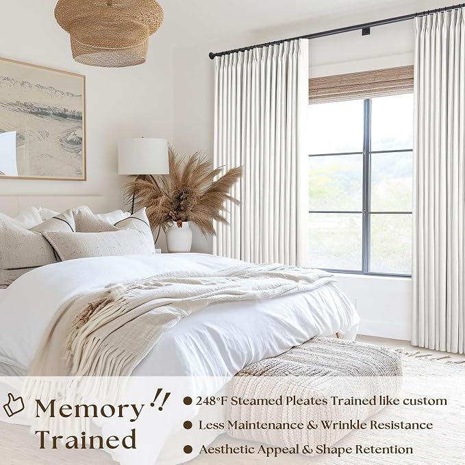 Beige White Pinch Pleated 100% Blackout Linen Curtains W60xL120 1 Panel | Black - Image 2