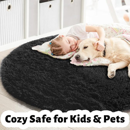 Amdrebio Black Large Furry Round Rug 7Ft - Image 4