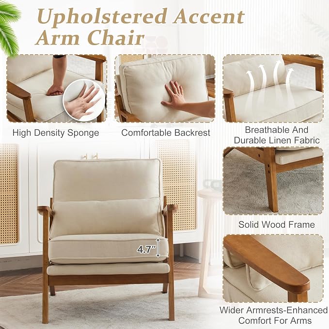 VINGLI Solid Wood Wide Armrests Accent Chair, Upholstered Mid Century Modern - Image 5
