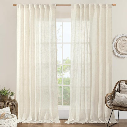 Extra Wide Linen Curtains for Bedroom Living Room 60 x 84 Inch | Natural Cream by LAMIT