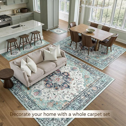 RELEANY Washable Area Rug, Teal Green/White/Navy | Non-Slip, Water Repellent - Image 3