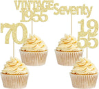 Gyufise 24Pcs 70th Birthday Cupcake Toppers Glitter Cheers to 70 Fabulous Seventy Vintage 1955 Cupcake Picks 70th Birthday Wedding Anniversary Party Cake Decorations Supplies Gold