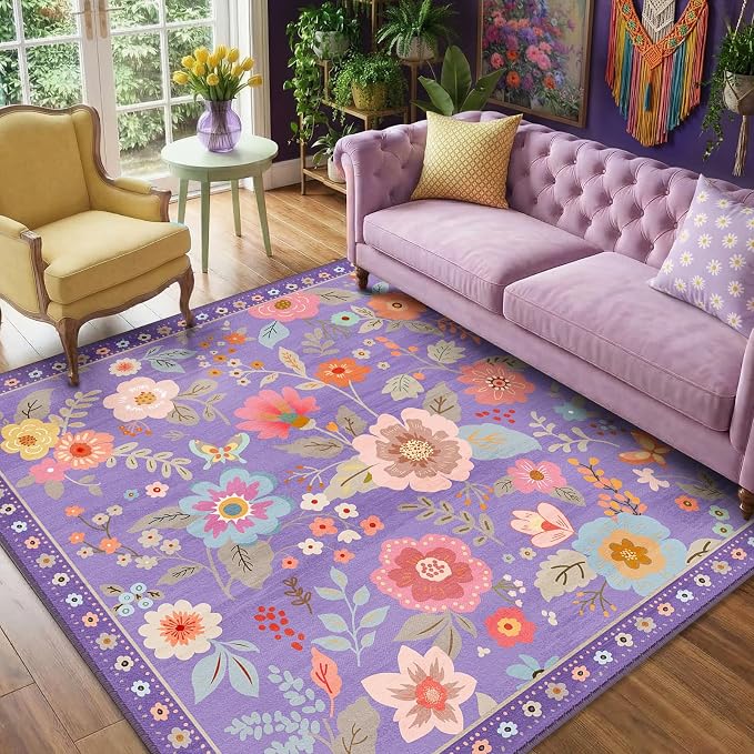 RELEANY Floral Washable Square 4ft Area Rug Purple/Pink | Flower Carpet Print - Image 8