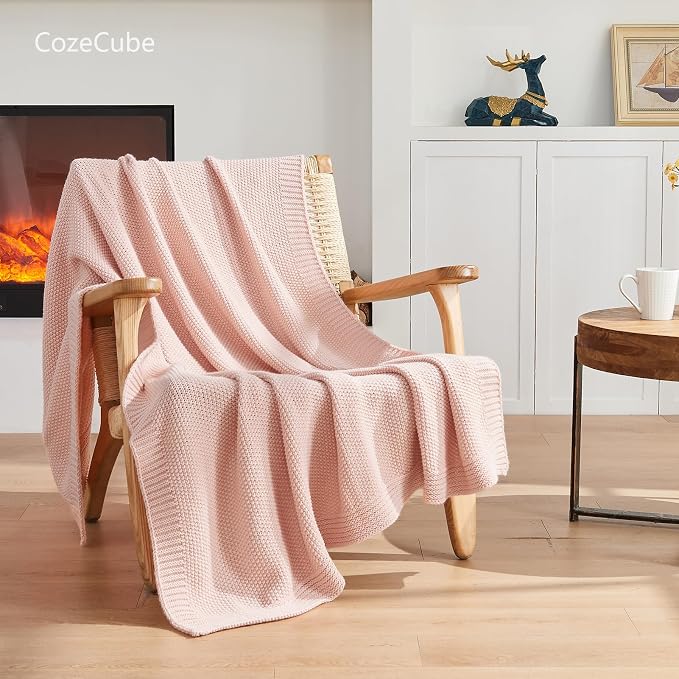 CozeCube Pink Seed Stitch Throw Blanket 60"x80", Farmhouse Decor | Blanket - Image 3
